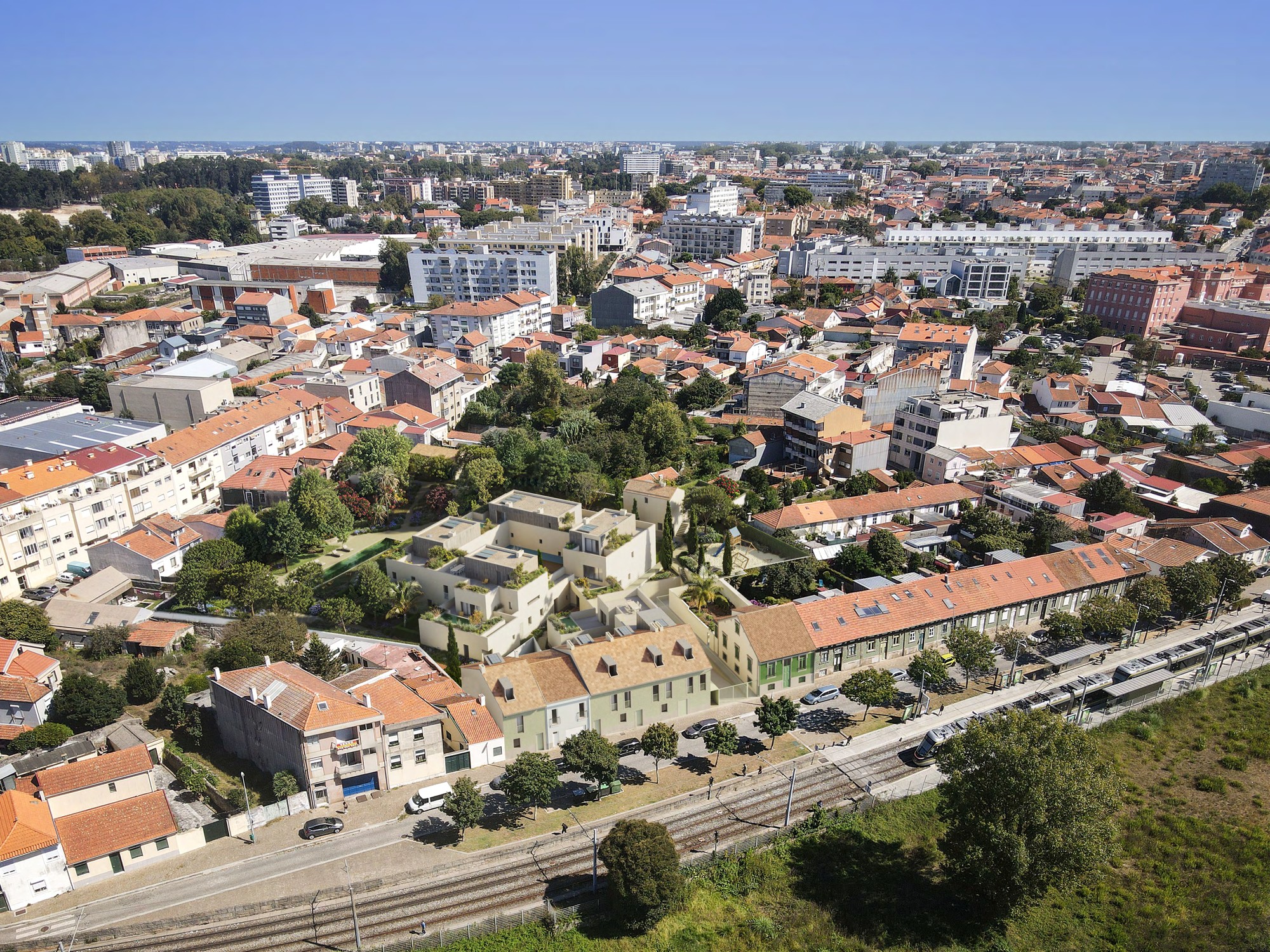 Perspetiva aérea 3D do Porto Gardens e da envolvente urbana